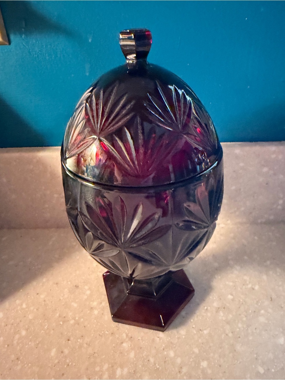 Vintage Cut Glass Egg candy dish - Deep ruby